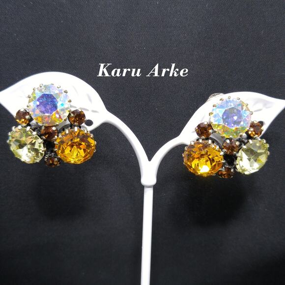 Karu Arke 1950s Austrian Rhinestone Earrings Topaz Aurora Borealis Vintage - Picture 1 of 10